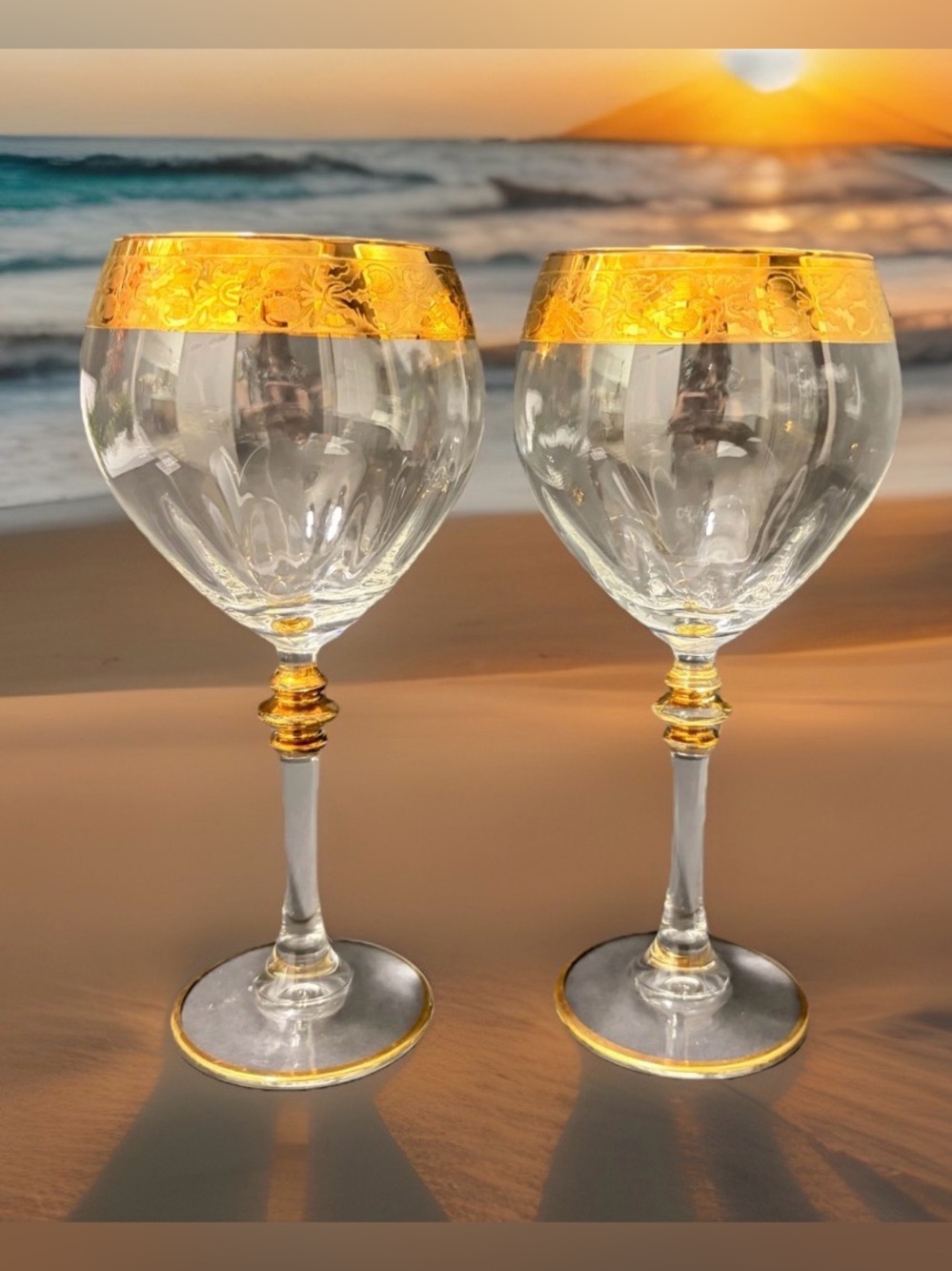 Timeless Italian Goblet Glasses Set of 2 Optic Ribbed Crystal Goblets Gold Trim